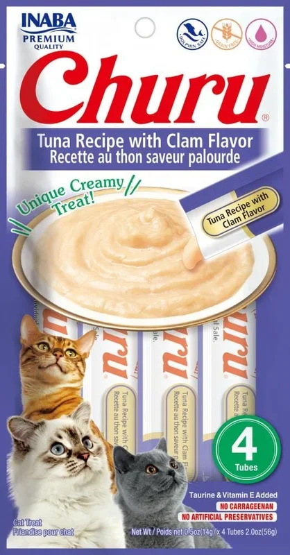 Inaba Churu Tuna and Clams Lickable and Squeezable Puree Cat Treat Pouches – 2 Oz (4 Pack) – Case of 6