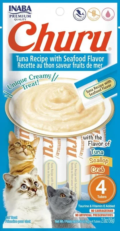 Inaba Churu Tuna and Seafood Lickable and Squeezable Puree Cat Treat Pouches – 2 Oz (4 Pack) – Case of 6