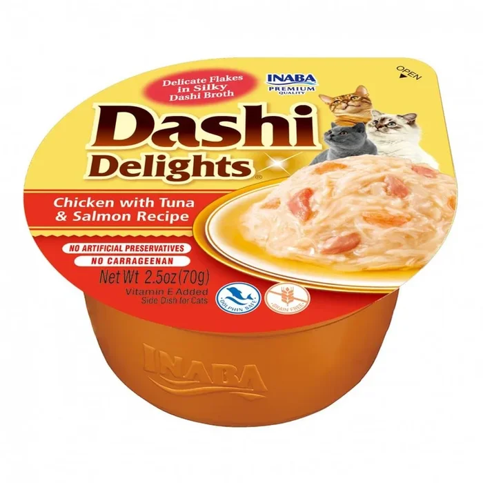 Inaba Dashi Delights Chicken Tuna and Salmon Bits in Broth Cat Food Topping – 2.5 Oz – Case of 6
