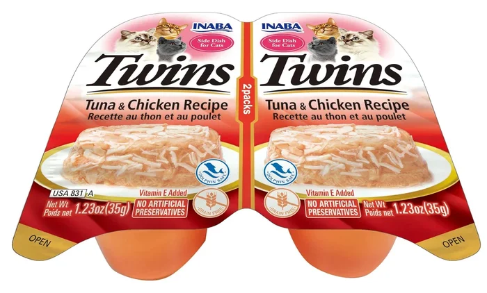 Inaba Twins Side Dish for Cats Cat Treats – Tuna and Chicken – 1.23 Oz – 2 Pack – Case of 6