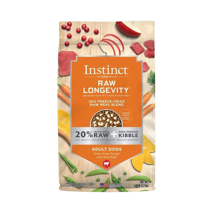 Instint Longevity 20% Freeze-Dried Raw and Kibble Blend Beef Dog Food – 3.8 Lbs