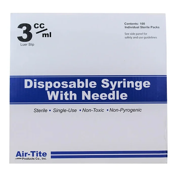 Jeringas Air-Tite con agujas, 3 cc, LS, 22 g x 3/4″, 100 unidades