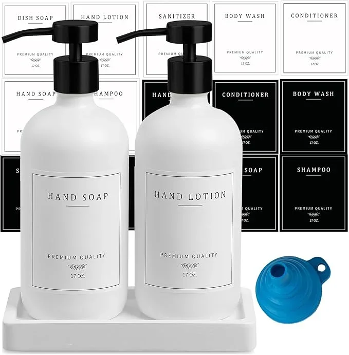 Kitchen Soap Dispenser – Hand and Dish Soap Dispenser Set, Bathroom Glass Soap and Lotion Dispenser with Pump, Tray, 14 Waterproof Labels, Set of 2 White Bottle/Black Pump-pd