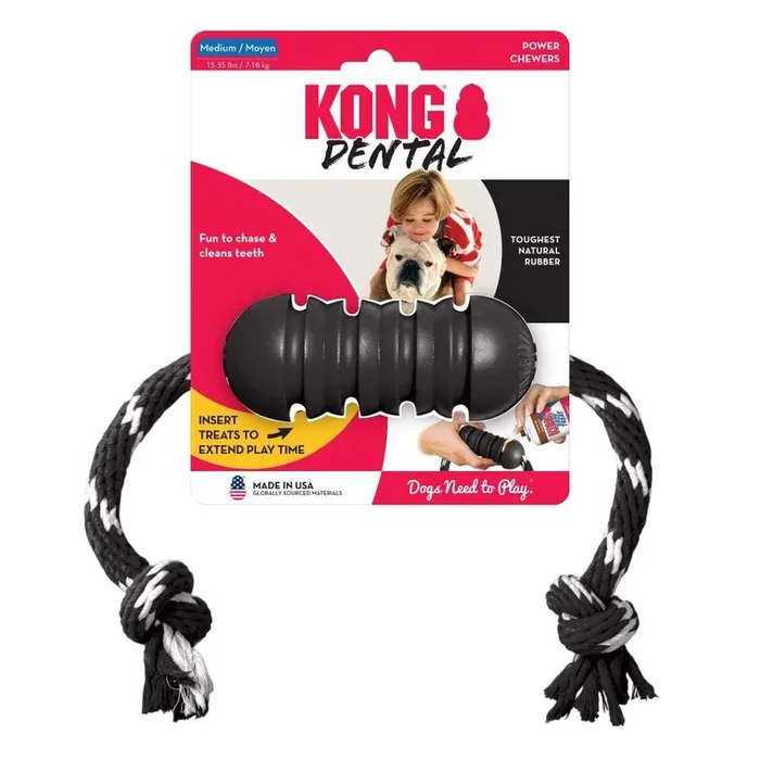 Kong Extreme Dental Textured Rubber Dog Toy with Rope – Medium