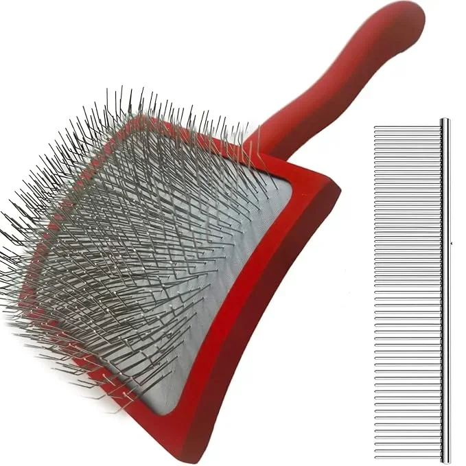 Large Ergonomic Slicker Brush for Dogs & Pets – Extra Long Pin Grooming Brush with Solid Wooden Handle for Poodles, Doodles, and Long-Haired Dogs (red)