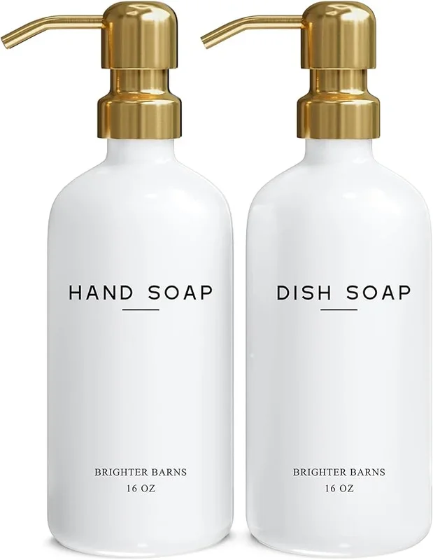 Luxury Glass Hand and Dish Soap Dispenser Set by Brighter Barns – Kitchen Soap Dispenser Set & Stainless Steel Pump – Glass Bottle for Sink – White and Gold Kitchen Accessories for Airbnb, Gift (Gold)