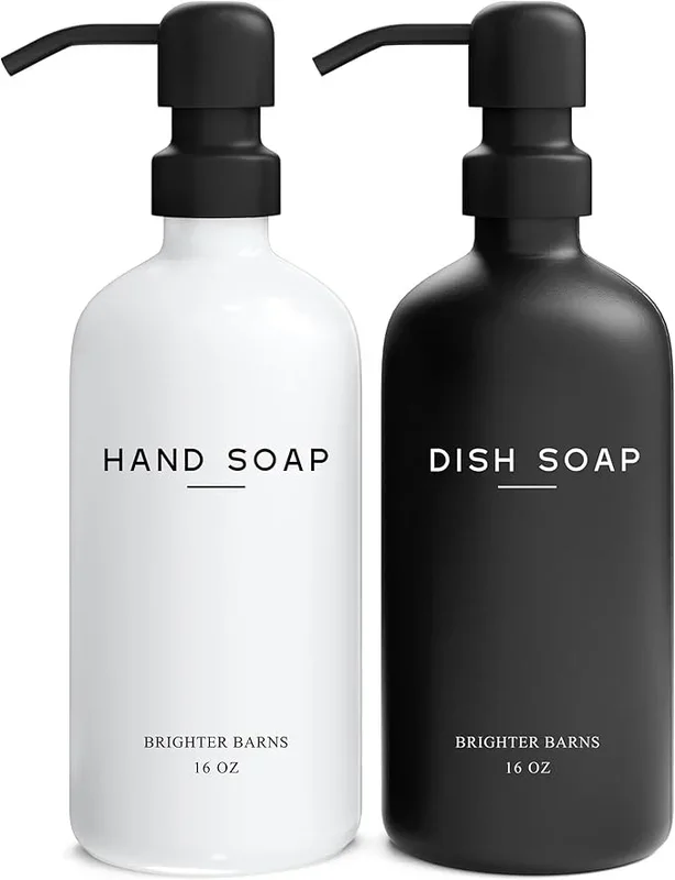 Luxury Glass Hand and Dish Soap Dispenser Set by Brighter Barns – Kitchen Soap Dispenser Set with Stainless Steel Pump for Kitchen Sink – Neutral Modern Farmhouse Home Decor for Airbnb (Black/White)
