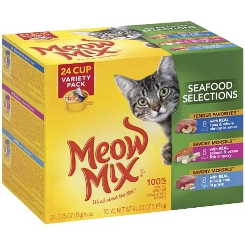 Meow-Mix Seafood Selects Tuna Salmon Shrimp Oceanfish Crab Wet Cat Food Trays – Variety Pack – 2.75 Oz – 24 Pack – Case of 2