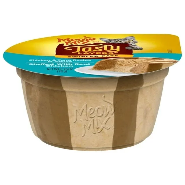 Meow-Mix Tasty Layers Swirled Chicken and Tuna Pate Wet Cat Food Trays – 2.75 Oz – 12 Pack