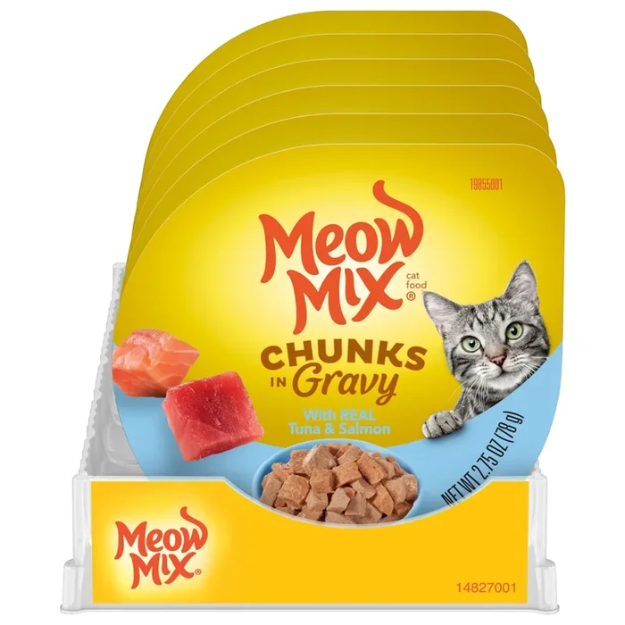 Meow-Mix Tuna and Salmon Chunks in Gravy Wet Cat Food Trays – 2.75 Oz – 12 Pack