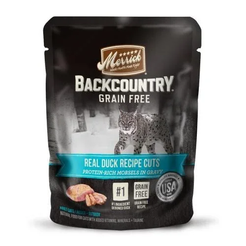 Merrick Backcountry Grain-Free High-Protein Real Duck Cuts in Gravy Wet Cat Food Pouch – 3 Oz – 24 Pack