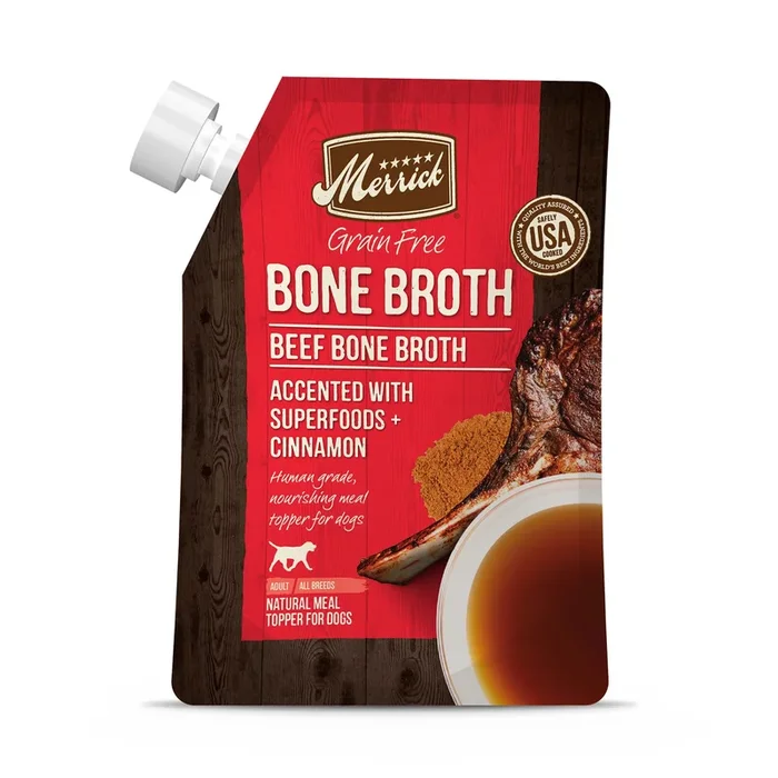 Merrick Grain-Free Beef Bone Broth with Superfoods Wet Cat and Dog Food Topper Pouch – 16 Oz