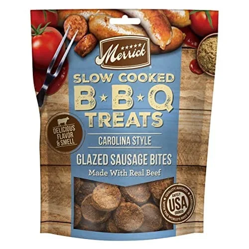 Merrick Slow-Cooked Carolina BBQ Beef Sausage Bites Jerky Dog Treats – 10 Oz