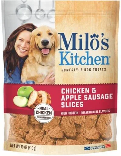 Milo’s Kitchen Chicken Apple and Sausage Slices Dehydrated Dog Treats – 18 Oz – Case of 4