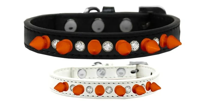 Mirage Pet Products Crystal and Neon Orange Spikes Dog Collar, Size 16, White