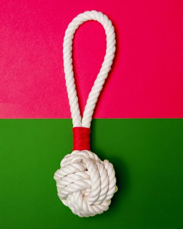 Monkey Fist Rope Dog Toy in White with Red Whipping (Made in the USA)