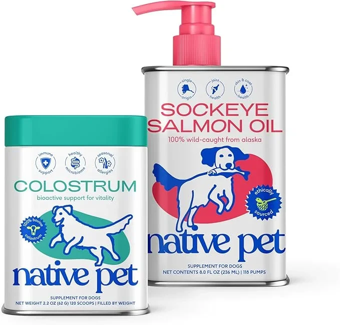 Native Pet Sockeye Salmon Oil (8 Oz.) & Colostrum for Dogs (120 Scoops) – Bovine Colostrum Powder – Allergy Relief, Immune Support & Itchy Skin Treatment & Pure Omega 3 Fish Oil