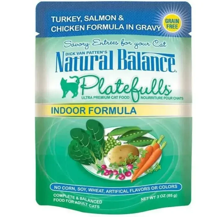Natural Balance Pet Foods Platefulls Indoor Turkey Salmon & Chicken in Gravy Cat Wet Food 3 oz, 24