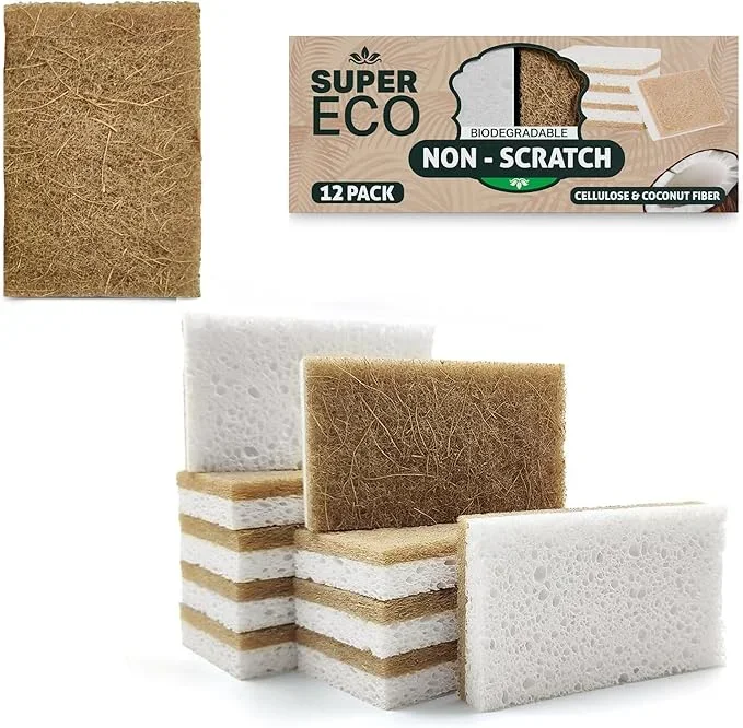 Natural Kitchen Sponges Pack of 12 – Biodegradable Compostable Cellulose & Coconut Scrubber Sponge with Non-Scratch – Long Lasting, Sponges for Dishes, Heavy Duty Dish Scrubber (Rectangular)