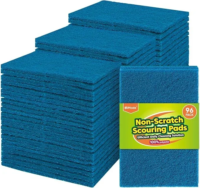 Non-Scratch Scouring Pads, 96Pcs Household Scour Pads for Kitchen, Garage and Outdoors, Reusable Dish Scrubber Pads for Pan and Metal Grill – Blue