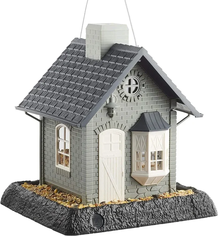 North States Village Collection Bayside Cottage Plastic Hopper Wild Bird Feeder – Gray/Blue – 5 Lbs Cap
