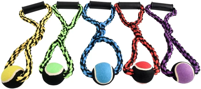 Nuts for Knots Rope Tug Dog Toy with Handle & Tennis Ball, Assorted