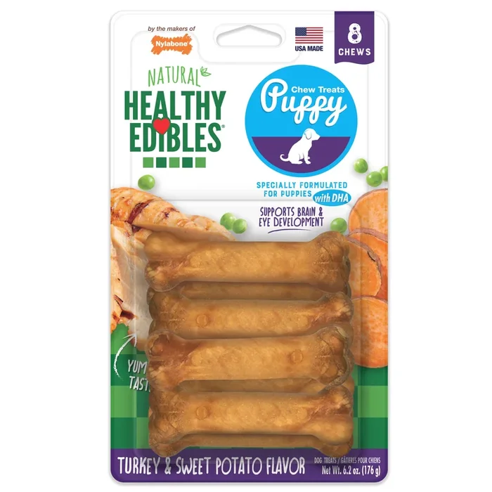 Nylabone Healthy Edibles AllNatural Long Lasting Puppy Chew Treats Turkey Sweet Potato, 1ea/XS/Petite Up To 15 Lbs. 8 ct
