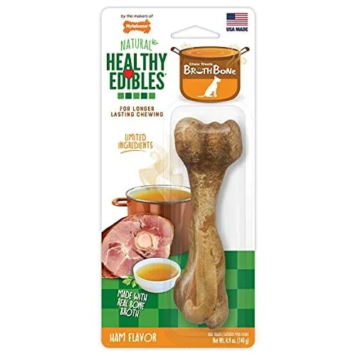 Nylabone Healthy Edibles Broth Bone Natural Chew Dog Biscuits Treats – Ham – Large