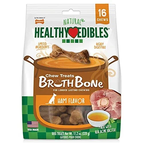 Nylabone Healthy Edibles Broth Bone Natural Chew Dog Biscuits Treats – Ham – Small – 16 Pack