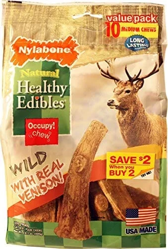 Nylabone Healthy Edibles Wild Natural Antler Dog Biscuits Treats – Venison – Wolf – 10 Pack