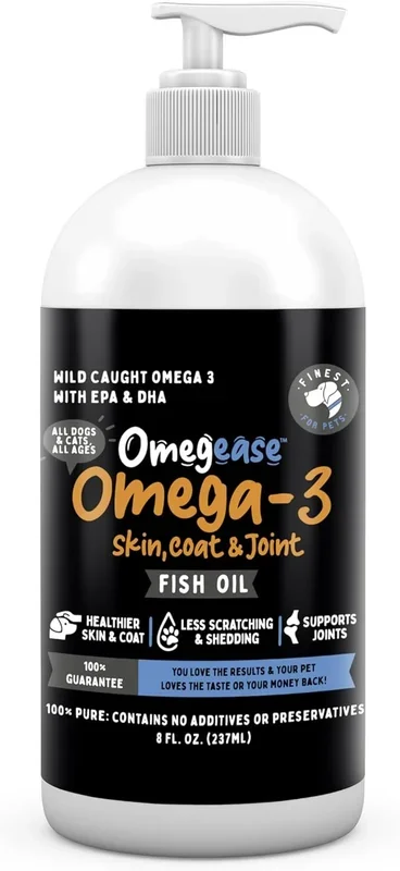 Omegease Fish Oil for Dogs & Cats – Finest for Pets Omega 3 for Cats & Dogs – Supplement for Skin & Coat, Itching, Shedding, Joints & Immune Health – 100% Pure Omega Fish Oil with EPA & DHA (8 oz)