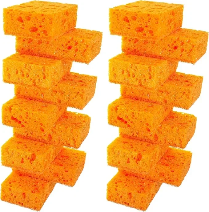 Orange Multi Use Scrub Sponge. Made in Europe. 18 Pack, 4.3×2.8×1.4 inches. Odorless Heavy Duty and Non Scratch Fiber. Durable and Delicate Scrubber for Oven and Stove, Bathroom and Basement