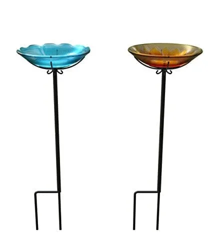Panacea Products Glass Bird Bath with Yardstake – Flower – 10 In – 4 Pack
