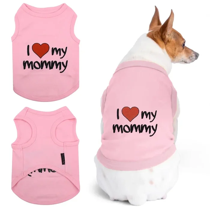 Parisian Pet Dog T-Shirt With Embroidered ‘I Love My Mommy’ Words – 100% Cotton, Pink Dog Clothes – Breathable Sleeveless Pet Vest – Machine Washable Dog Shirts For Small Dogs, Xs