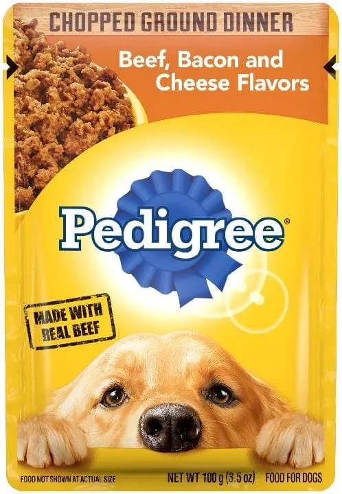 Pedigree Chopped Ground Dinner Beef Bacon and Cheese Wet Dog Food Pouch – 3.5 Oz – Case of 16