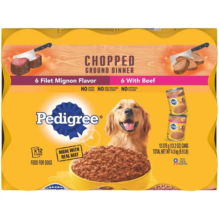 Pedigree Chopped Ground Dinner Filet Mignon and Beef Canned Dog Food – Variety Pack – 13.2 Oz – 12 Count