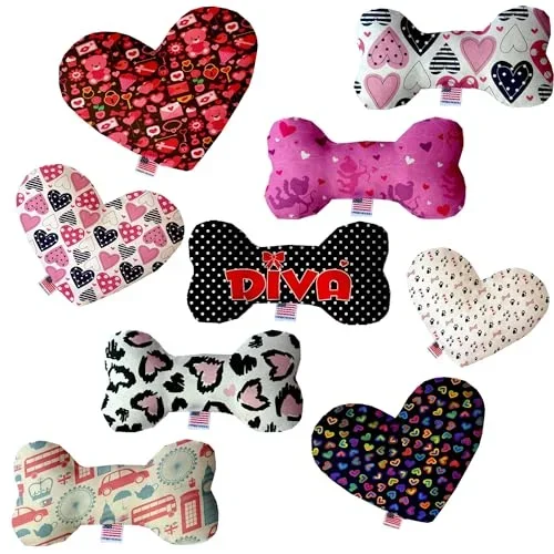 Pet and Dog Plush Heart or Bone Toy, “Valentine’s Day Group” (Available in different sizes, and 8 different pattern options!) Diva 8″ Plush Bone