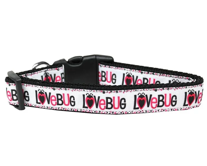 Pet Dog & Cat Nylon Collar or Leash, “Love Bug” MD Narrow Collar