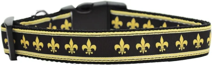 Pet Dog and Cat Nylon Collar or Leash, “Black & Gold Fleur De Lis” XS Collar