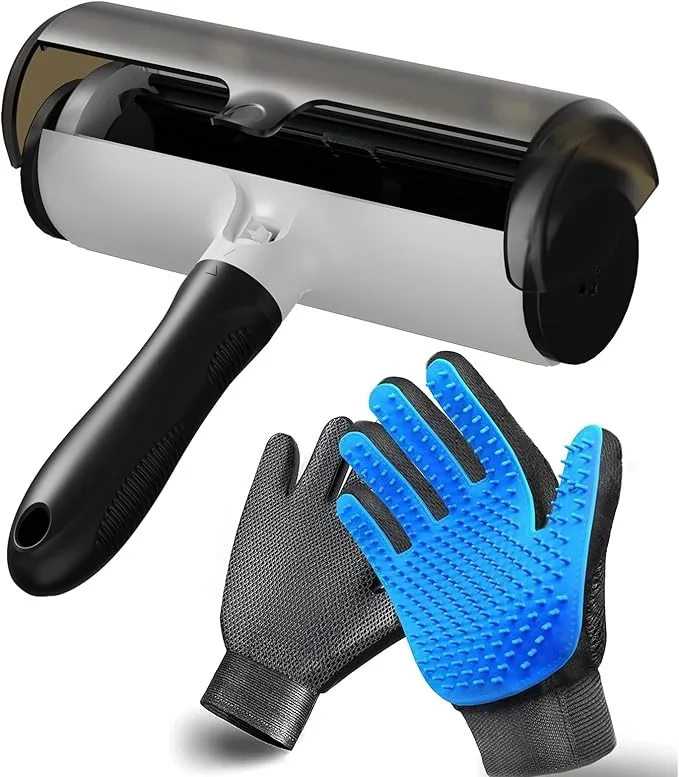 Pet Hair Remover & Pet Grooming Gloves Set – Deshedding Brush for Cats/Dogs, Reusable Lint Roller Brush for Cats,Dogs – Furniture, Car, Couch, Clothes and Bedding
