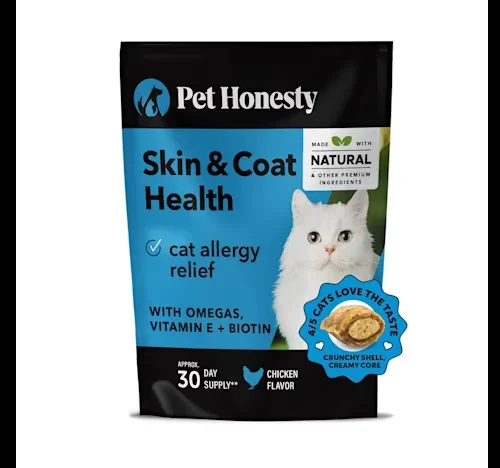 Pet Honesty Skin and Coat Omega and Biotin Chicken Flavor Supplemental Cat Treats – 3.7 Oz – 30 Day Supply