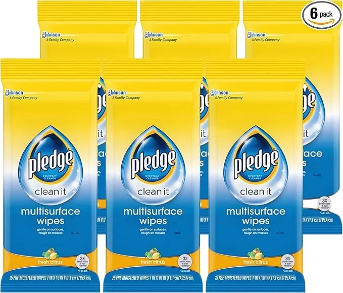 Pledge Multi-Surface Furniture Polish Wipes, Works on Wood, Granite, and Leather, Cleans and Protects, Fresh Citrus – Pack of 6 (150 Total Wipes)