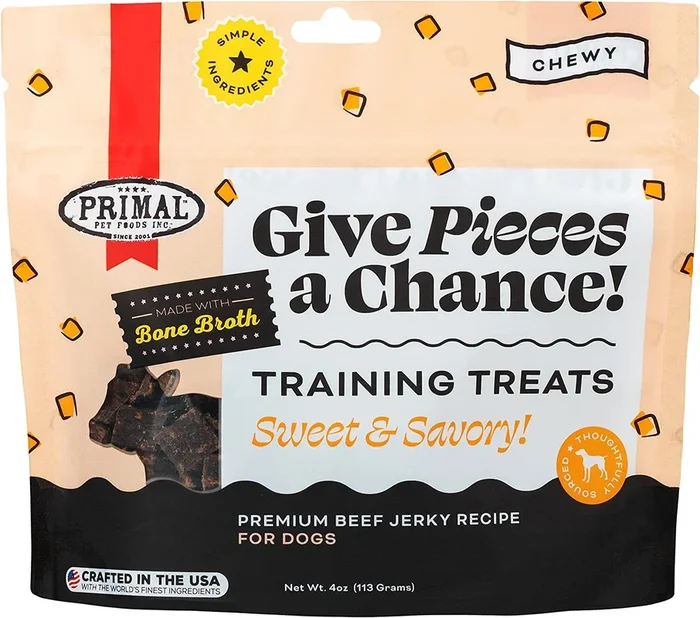 Primal GIVE PIECES A CHANCE Beef Jerky Dog Treats – 4 Oz