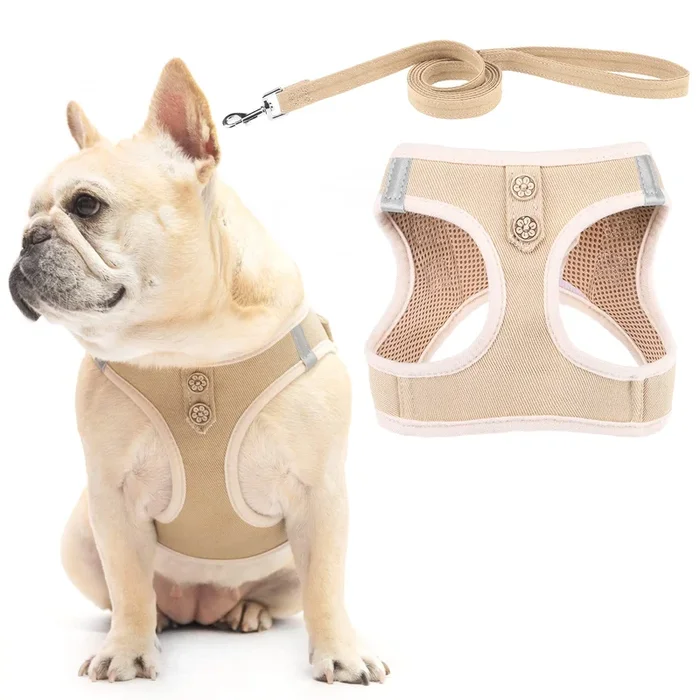 Pupteck Dog Harness And Leash Set For Small Medium Dogs No Pull Step-In Soft Mesh Puppy Cat Vest Harnesses Reflective At Night, Denim Beige Xs