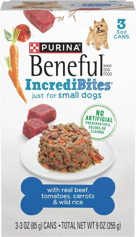 Purina Beneful IncrediBites Beef Tomatoes Carrots and Rice Small-Breed Canned Dog Food – 3 Oz – Case of 3 – 8 Pack