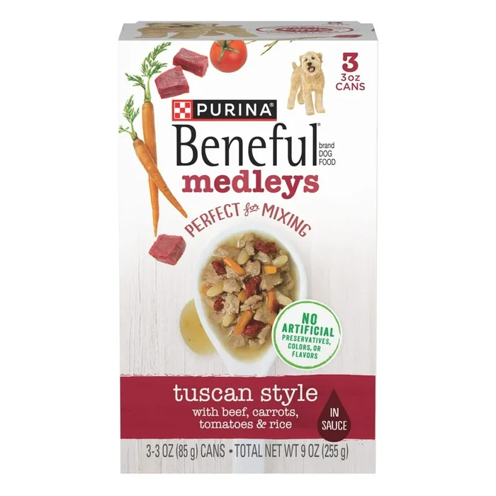 Purina Beneful Tuscan Style Medley’s Beef Carrots Tomatoes and Rice Canned Dog Food – Multi-Pack – 3 Oz – Case of 3 – 8 Pack