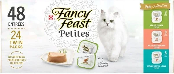 Purina Fancy Feast Petites Chicken Salmon Whitefish and Tuna Pate Entrée Wet Cat Food Trays – Variety Pack – 2.8 Oz – 24 Count