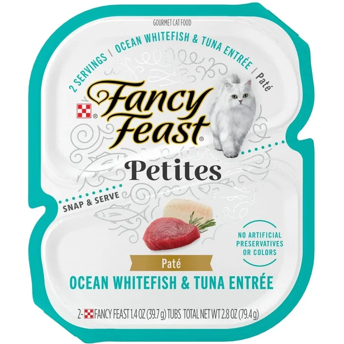 Purina Fancy Feast Petites Ocean Whitefish and Tuna Pate Entrée Wet Cat Food Trays – 2.8 Oz – Case of 12