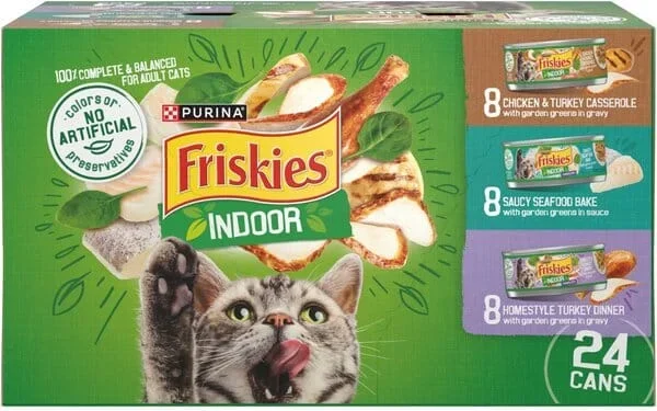 Purina Friskies Indoor Chicken Turkey Seafood in Sauce and Gravy Canned Cat Food – Variety Pack – 5.5 Oz – 24 Count