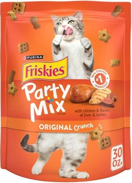 Purina Friskies Party Mix Canister Chicken Liver and Turkey Crunchy Cat Treats – 30 Oz – Case of 2